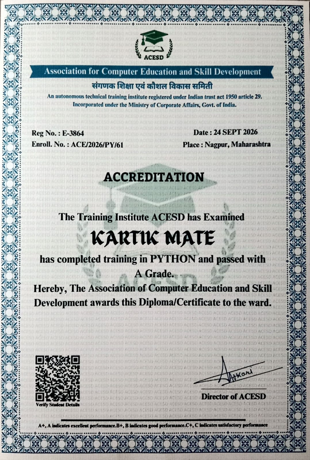 ACESD Official Certificate Specimen - Reg No. E-3864